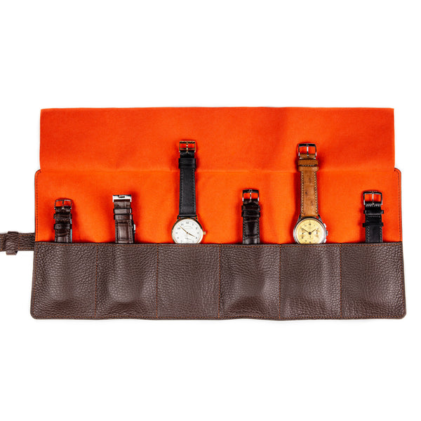 Monochrome - Leather Watch Roll - Dark Brown & Orange