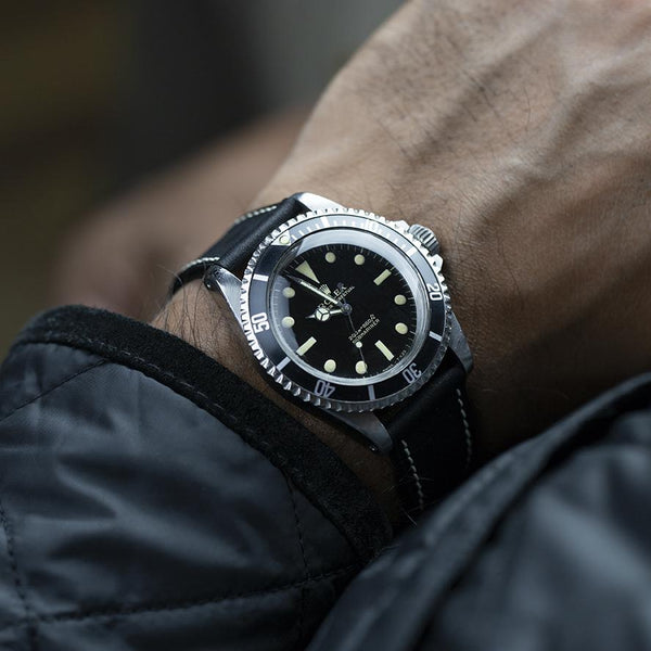 Monochrome Smooth Calfskin Watch Strap Black (White Stitch